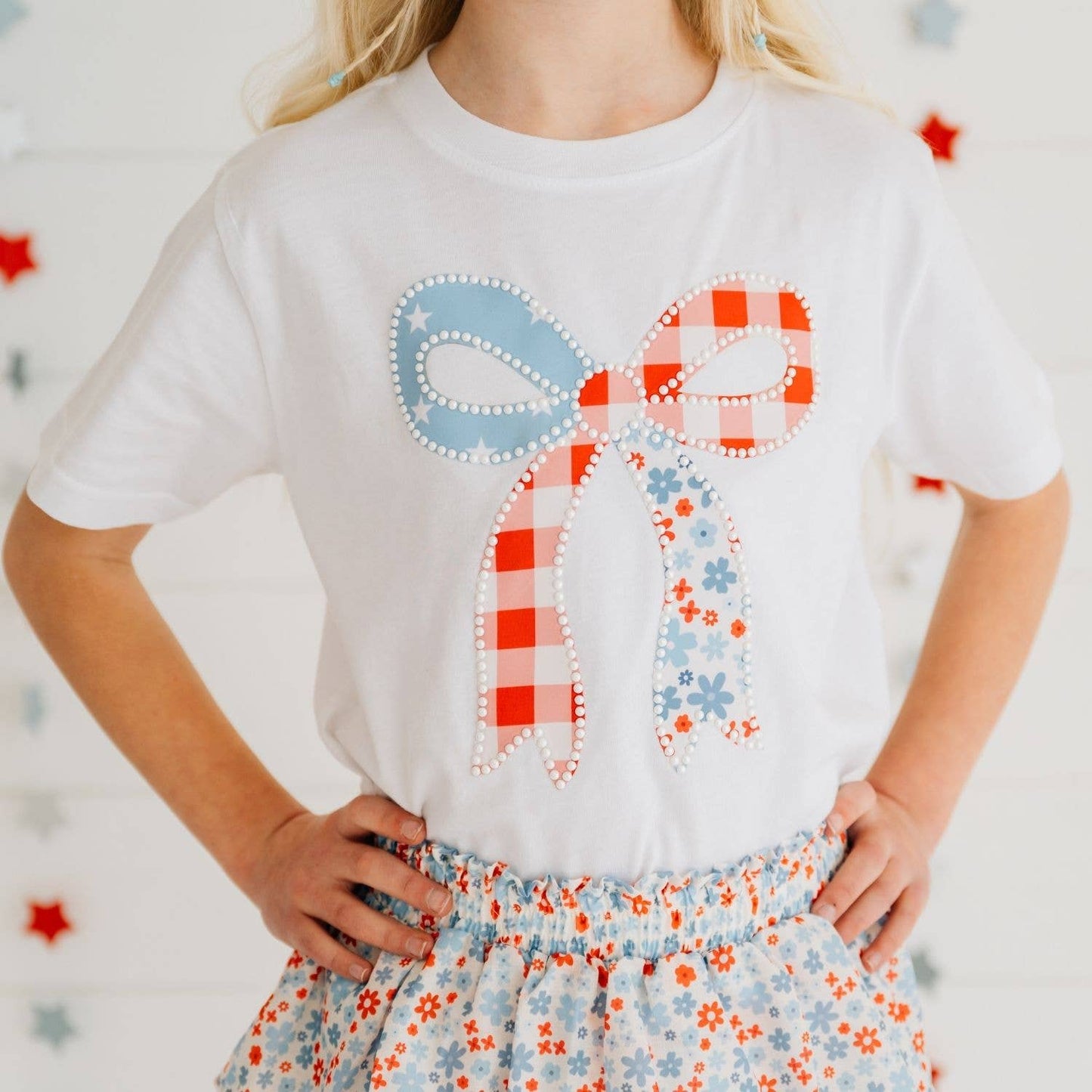 Sweet Wink - Patchwork Bow Patch Short Sleeve T-Shirt - Fourth of July