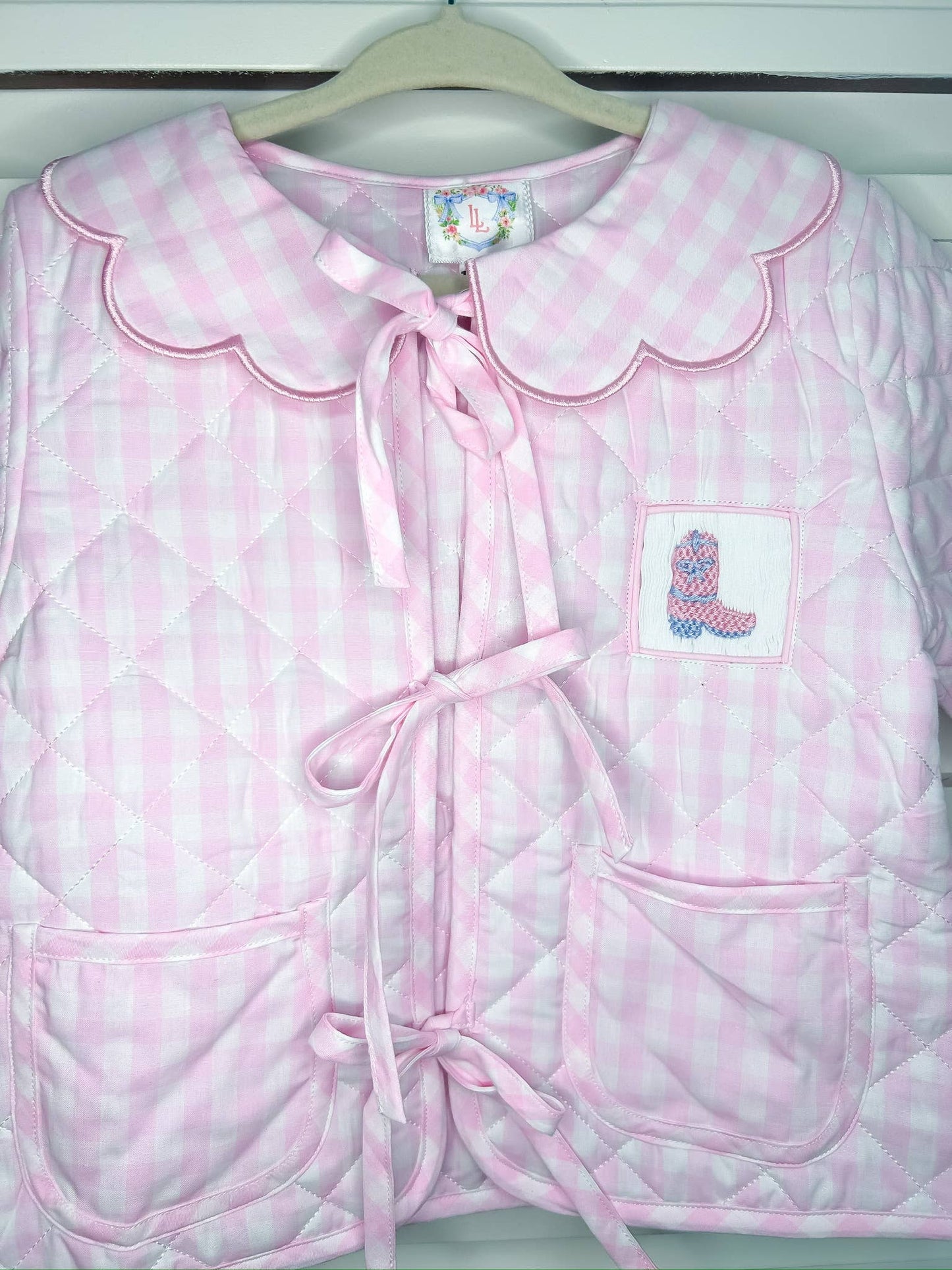 Lovely Littles Smocks - Hand Smocked Pink Gingham Quilted Jacket (Boots and Bows)