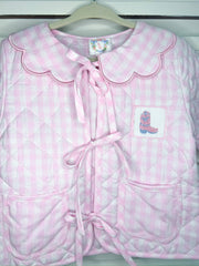 Lovely Littles Smocks - Hand Smocked Pink Gingham Quilted Jacket (Boots and Bows)