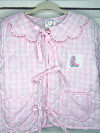 Lovely Littles Smocks - Hand Smocked Pink Gingham Quilted Jacket (Boots and Bows)