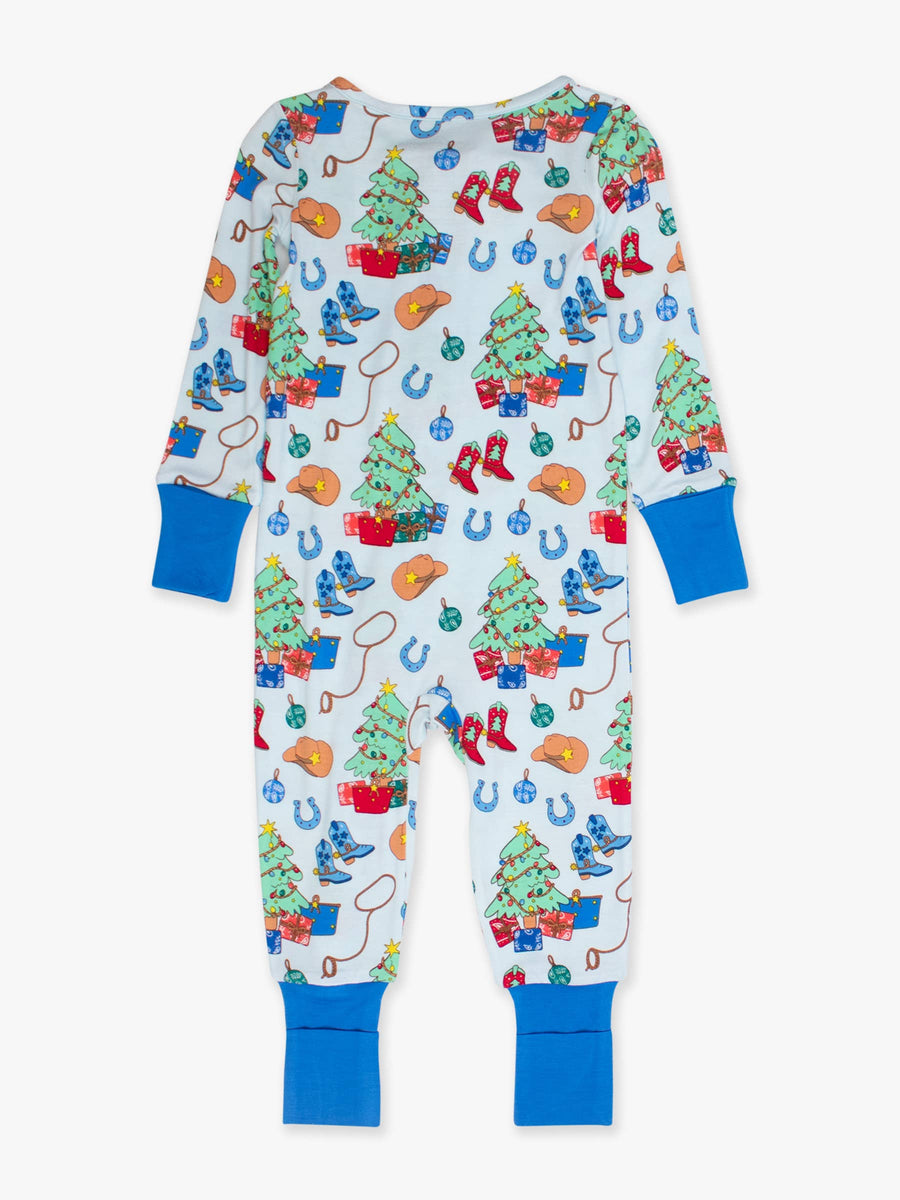 RuffleButts + RuggedButts - SoftSnooze™ Baby Bamboo Viscose Blue Yuletide Yeehaw Convertible One Piece Footie Pajama