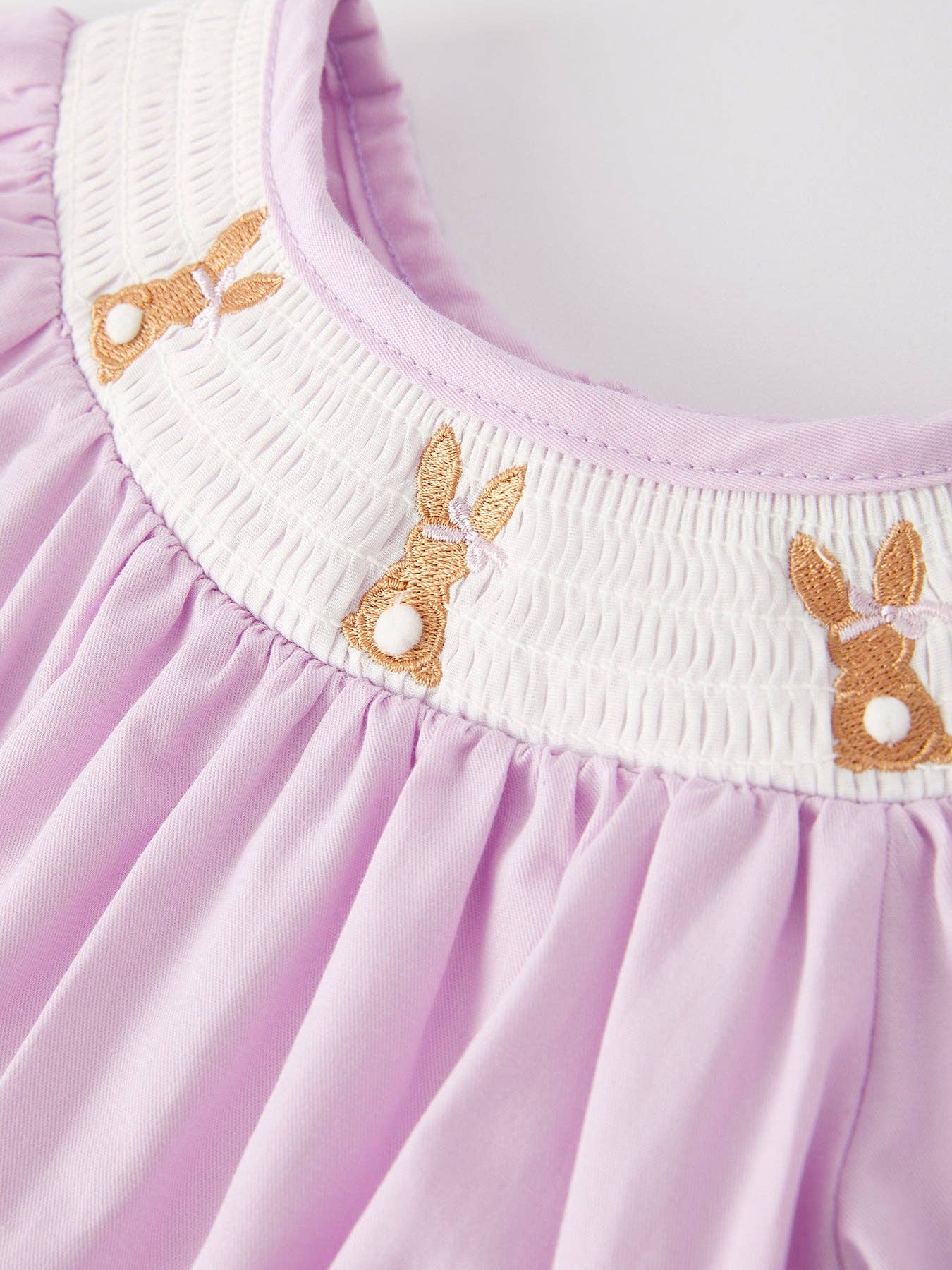 Rylee Faith Designs - Girls Easter Bunny Smocking Embroidered Lace Cuff Purple Romper