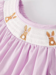 Rylee Faith Designs - Girls Easter Bunny Smocking Embroidered Lace Cuff Purple Romper