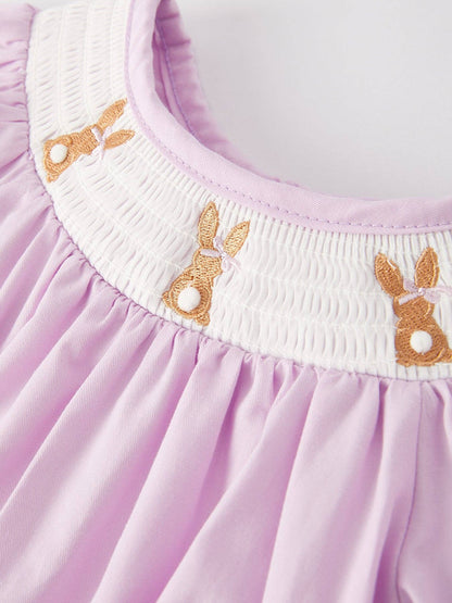 Rylee Faith Designs - Girls Easter Bunny Smocking Embroidered Lace Cuff Purple Romper