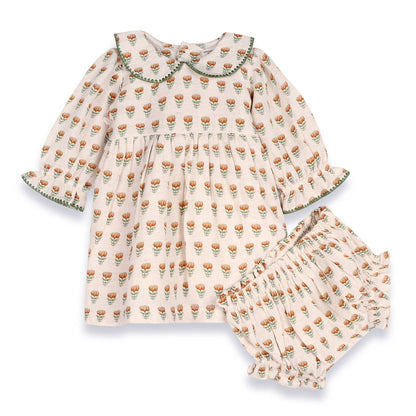Viverano Organics - Ina Block Print Floral Baby Dress & Bloomer Set (Linen)