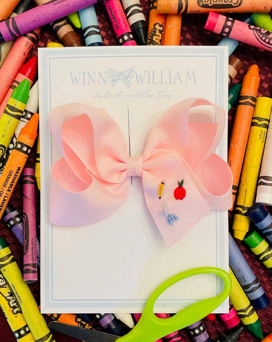 Winn and William - Apples, Pencils, and Scissors Bow