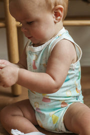 Southern Slumber - Blue Birthday Print Bamboo Henley Onesie with Snaps