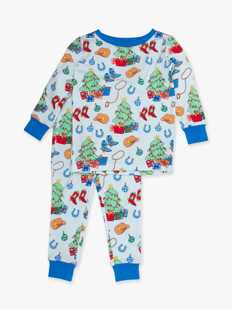 RuffleButts + RuggedButts - SoftSnooze™ Kids Bamboo Viscose Blue Yuletide Yeehaw Long Sleeve Pajama Set