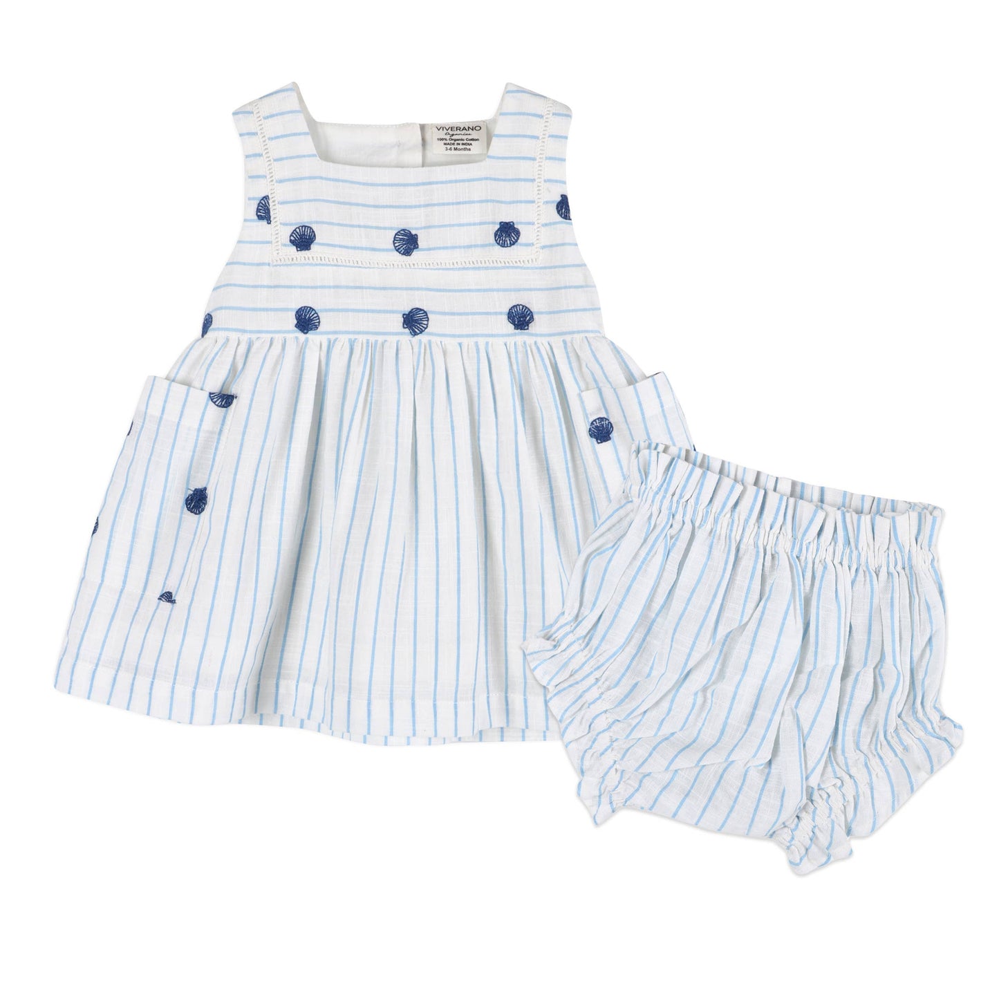 Viverano Organics - Seashells Embroidered Striped Baby Dress + Bloomer (Organic)