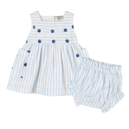 Viverano Organics - Seashells Embroidered Striped Baby Dress + Bloomer (Organic)