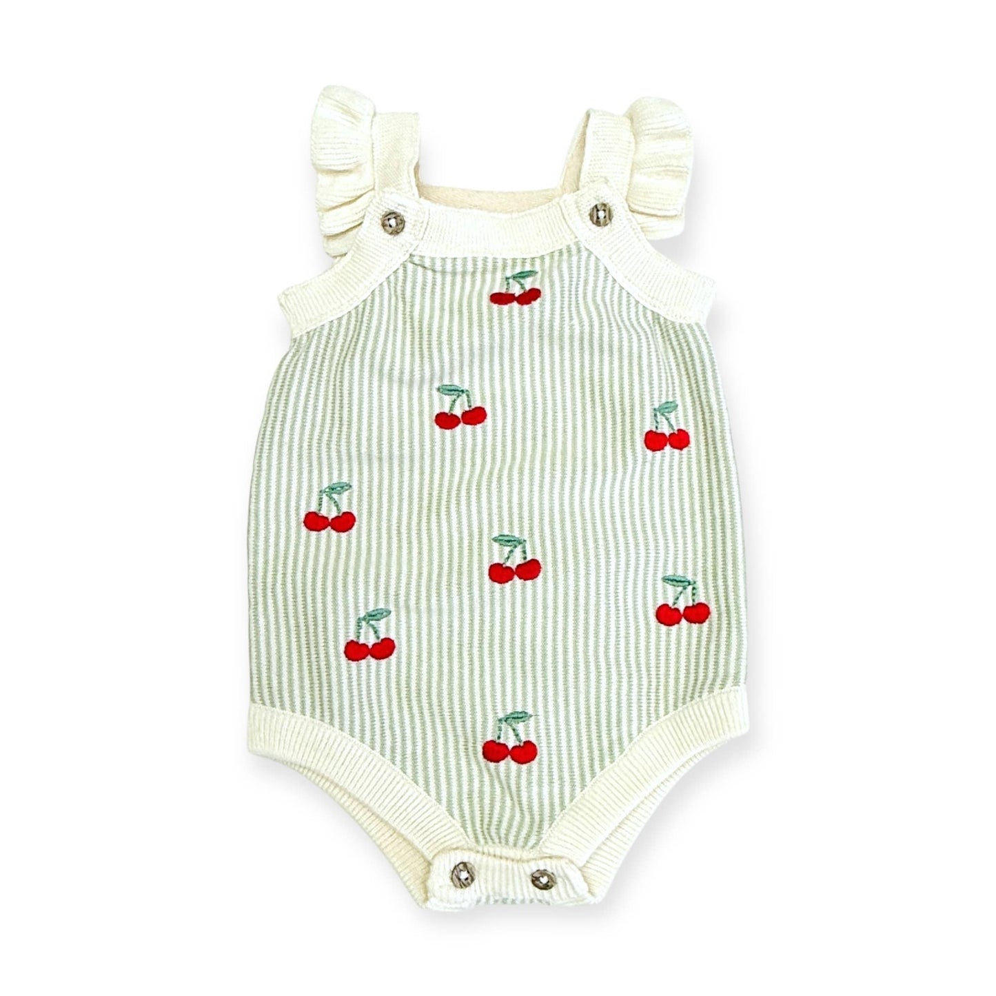 Viverano Organics - Cherry Stripe Embroidered Baby Ruffle Romper Set (Organic)