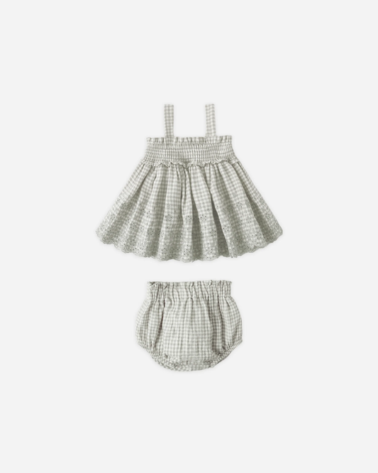 Quincy Mae - Mae Smocked Top + Bloomer Set Sage Gingham